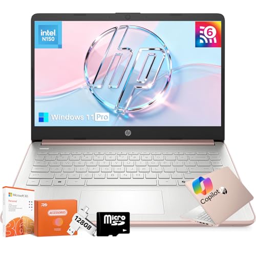 Image of HP 14 Inch Laptop, 2025 New Student Business Laptop, Intel N150(Beats N4120), 16GB RAM, 384GB Storage(128GB UFS+256GB MSD), Copilot AI, Wi-Fi 6, Windows 11 Pro, 1-Year Office 365, Rose Gold