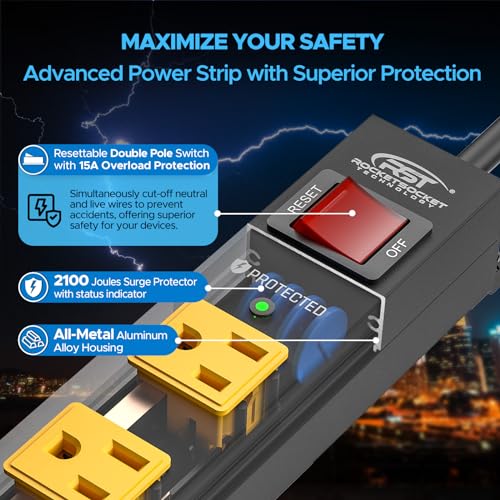 CRST Regleta de alimentación de 12 salidas, protección contra sobretensiones de 2100J, enchufe plano, barra de energía montable de metal con interruptor térmico de 15A, cable de extensión 14AWG de 6 pies para taller y garaje miniatura 3