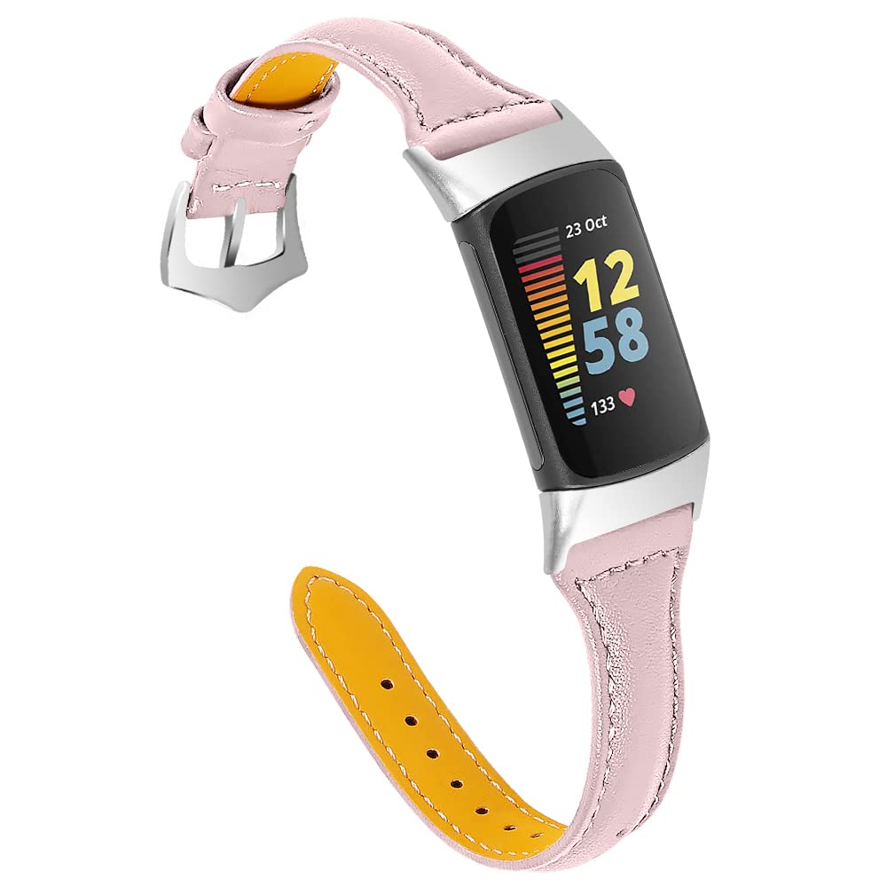 AISPORTS Leather Strap Compatible with Fitbit Charge 6/Charge 5 Strap for Women Men, Soft Slim Breathable Leather Sport Wristband Metal Buckle Bracelet Replacement Strap for Fitbit Charge 6/Charge 5
