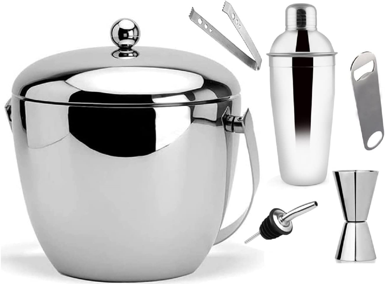 "MOPERYOK" Brand Stainless Steel Ice Bucket Set I Lifetime Warranty Against Rust I Double Wall Insulated Apple Ice Bucket, Deluxe Cocktail Shaker, Peg Measure, Ice Tong, Opener, Pourer I Food Grade.