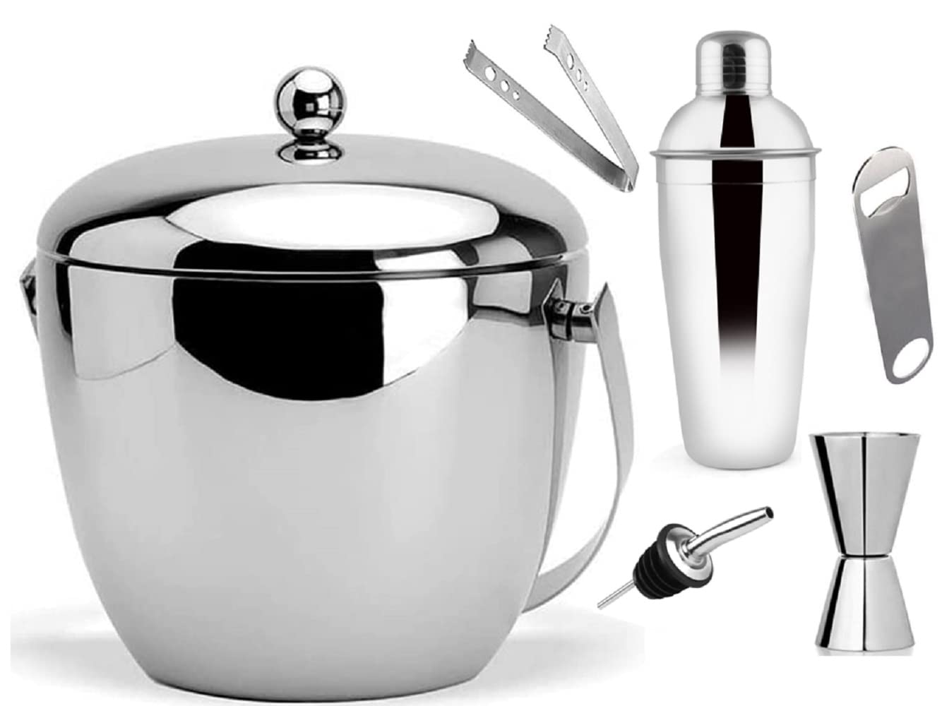 "MOPERYOK" Brand Stainless Steel Ice Bucket Set I Lifetime Warranty Against Rust I Double Wall Insulated Apple Ice Bucket, Deluxe Cocktail Shaker, Peg Measure, Ice Tong, Opener, Pourer I Food Grade.