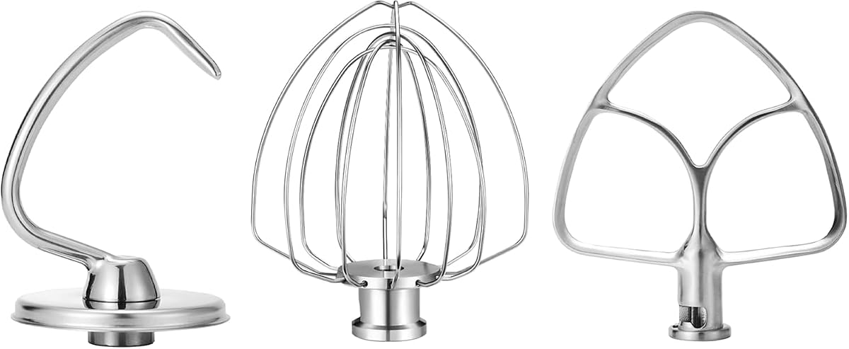 Stainless Steel Mixer Accessories for Kitchenaid 4.5-5 Qt Tilt-Head | Heavy Duty Flat Beater, Dough Hook & 6 Wire Whisk, Fits KSM150, KSM45, KSM90, Dishwasher Safe Replacement Parts