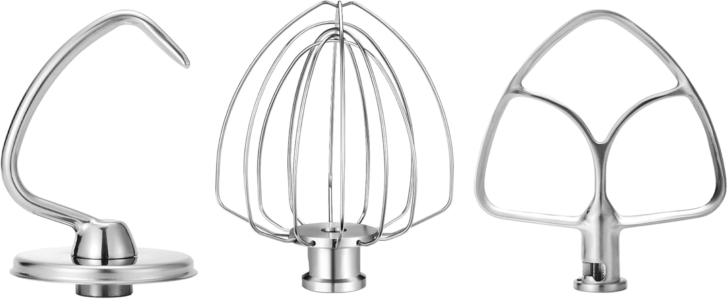 Stainless Steel Mixer Accessories Compatible with KitchenAid 4.5-5 Qt Tilt-Head, Heavy Duty Flat Beater, Dough Hook & 6 Wire Whisk, Fits KSM150, KSM45, KSM90, Dishwasher Safe Replacement Parts