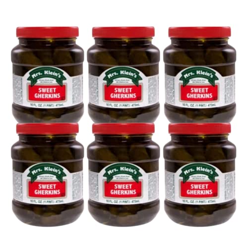 Mrs Kleins Sweet Cornichons Pickles | Sweet Gherkin Pickles | Perfect for charcuterie board or appetizer platter | Mini Cucumbers, Vegan Snacks, Gluten Free | 16 oz- 6 pack