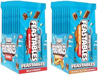 Feastables MrBeast Combo Pack, King Size Milk Crunch, & Peanut Butter Crunch Chocolate Bars, 10 Each, Candy Bars for Adults & Kids as Snacks, Gifts, or Dessert, Fairtrade Cocoa, 2.1 Oz Each, 20 Count