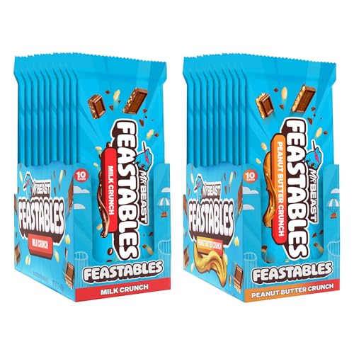 Feastables MrBeast Combo Pack, King Size Milk Crunch, & Peanut Butter Crunch Chocolate Bars, 10 Each, Candy Bars for Adults & Kids as Snacks, Gifts, or Dessert, Fairtrade Cocoa, 2.1 Oz Each, 20 Count