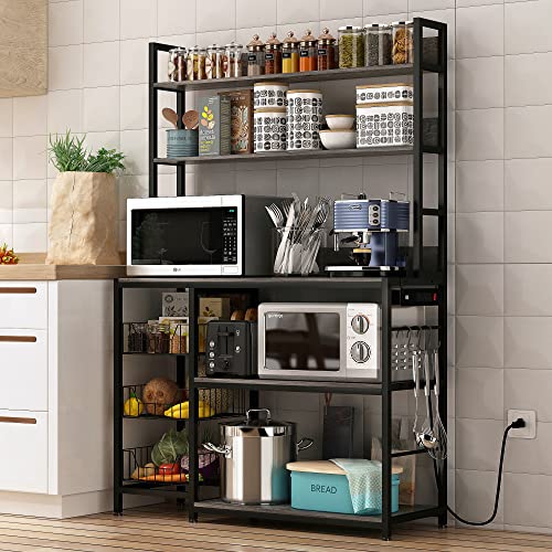 Chnnmbrn Kitchen Bakers Rack with Baskets and Power Outlet,5-Tier Kitchen Utility Storage Shelf with Hooks, Microwave Oven Stand Rack,Vintage Grey Free Standing Kitchen Shelf