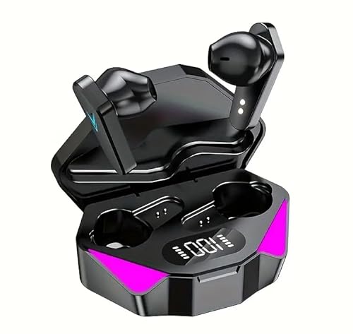 Gaming Wireless Earbuds with LED Display Case, Bluetooth, Digital Battery Indicator, Black and Purple