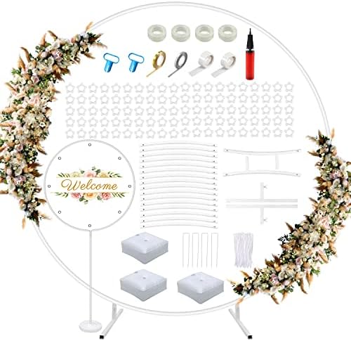 7.2Ft Round Backdrop Stand, White Metal Round Balloon Arch Standt Decoration, Balloon Arch Stand with Base, Backdrop Stand for Parties, Valentine's Day, Wedding, Birthday, Christmas, Garden Decoration