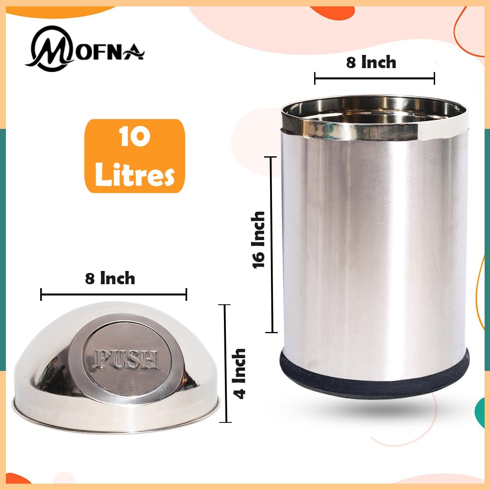 mofna Stainless Steel Push Can Dustbin Trash Can Paper Bin Round Shape use for Home, Office, Kitchen, Bathroom (8x16 Inch, 10 Liter, Silver)
