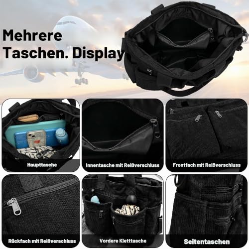 Hoseay Handtasche Damen Cord Umhängetasche Mittelgroß Tote Bag, Schwarz