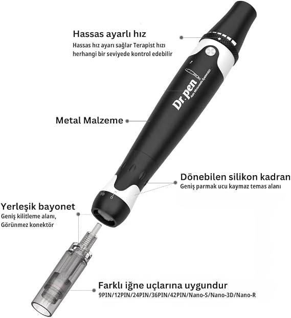 Dr Pen Ultima A7 Microneedling Kalem - 18000 RPM En Güçlü Kablolu Model - Profesyonel Derma Otomatik Kalem - Yüz ve Vücut için En İyi Cilt Bakım Alet Seti - 6 adet 12 pinli Kartuş