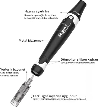 Dr Pen Ultima A7 Microneedling Kalem - 18000 RPM En Güçlü Kablolu Model - Profesyonel Derma Otomatik Kalem - Yüz ve Vücut için En İyi Cilt Bakım Alet Seti - 6 adet 12 pinli Kartuş