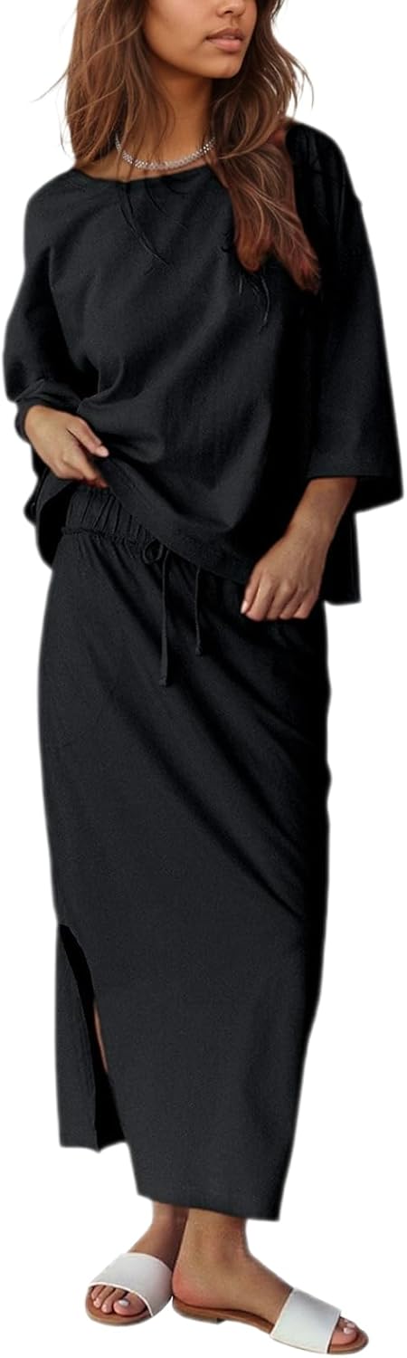 Halfword 2 Piece Sets for Women Oversized Shirt and Maxi Skirt Set Vacation Clothes Casual Lounge Set with Pockets