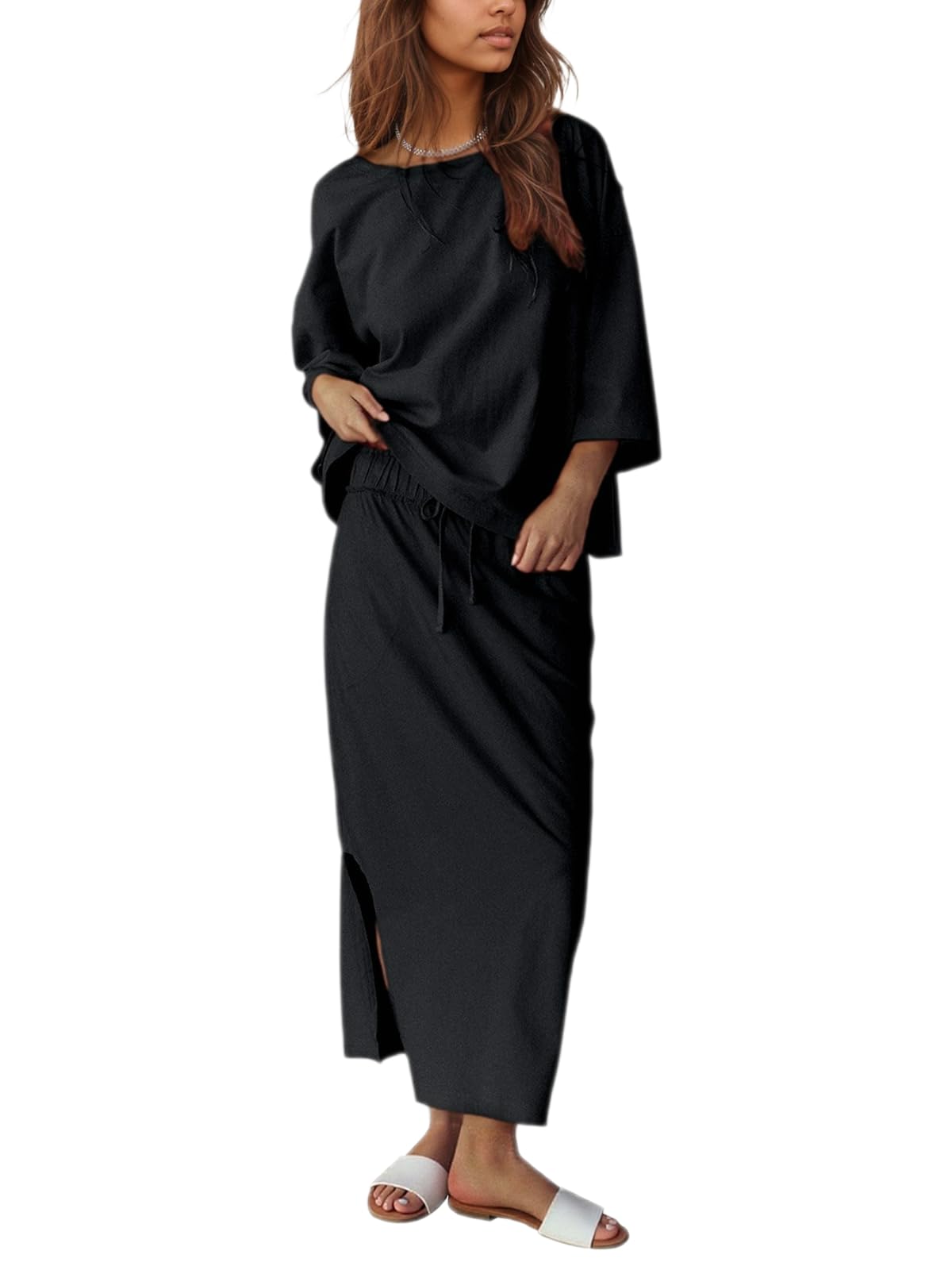 View 1 of **Missing Top** Halfword 2 Piece Sets for Women Oversized Shirt and Maxi Skirt Set Vacation Clothes Casual Lounge Set with Pockets Black XL