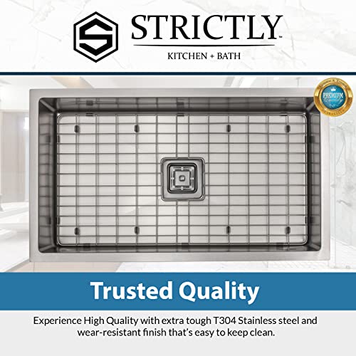 Strictly Sinks 32 Inch Undermount Single Bowl Kitchen Sink – Silver Designer Shelf Accessory 16 Gauge Stainless Steel – With Scratch & Stain Resistant Bottom Grid (Single Square Disposal Adapter) #TOP4