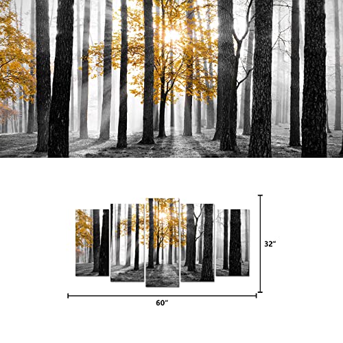 Visual Art Decor Large 5 Pieces Forest Landscape Wall Art Yellow And Gray Forest Wall Art Sunshine Foggy Forest Picture Framed Artwork Ready To Hang, 60Inchx32Inch #TOP4