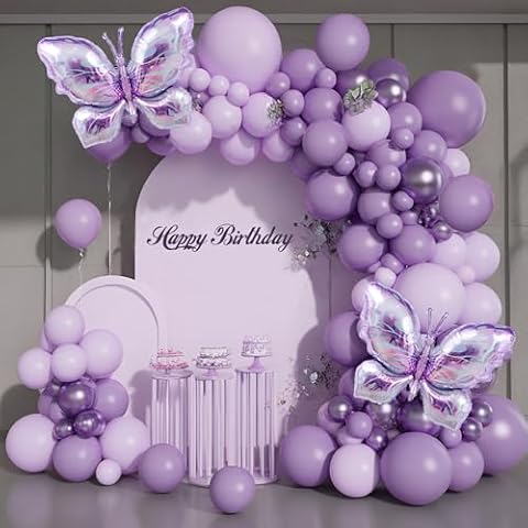 MOMOSHERO Butterfly Balloons Arch Garland Kit,Light Pastel Metallic Purple Balloons with Lavender Lilac Foil Butterfly for Girl's Birthday Baby Shower Wedding Mother's Day Valentines Party Decorations Cover