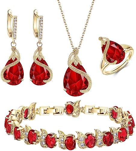 Ever Faith Teardrop Cubic Zirconia Jewelry Set for Bride Bridesmaid, Glamour Pendant Necklace Earrings Tennis Bracelet Open Ring Set for Women Valentines Day Jewellery Gifts