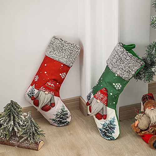 Christmas Stockings 3Pack, 18" Large 3D Gnome Santa Xmas Stockings Decorations With Plush Faux Fur Cuff, Christmas Hanging Xmas Character Decorations Stockings Socks For Tree Fireplace Seasonal Decor #TOP5