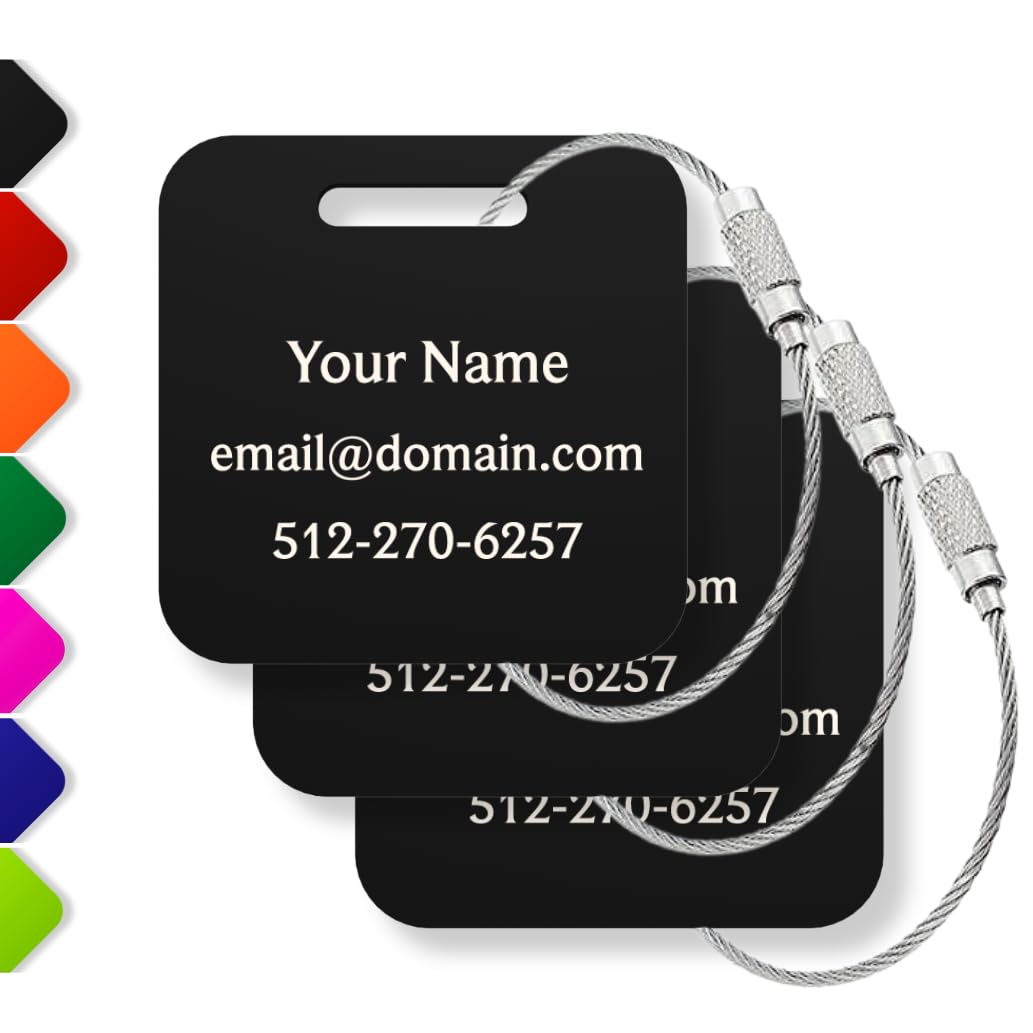 Custom Luggage Tags (3 or 6 Pack) - Personalized Unique Suitcase & Backpack Travel, Durable, Waterproof & Heavy Duty (Black)