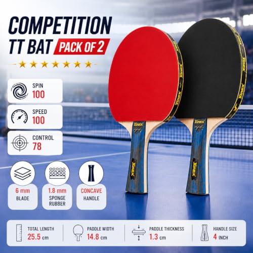Image of Vinex 7 Star Competition Table Tennis Racquets, TT Bat with 6 mm Blade, 1.8 mm Sponge Rubber and concave Handle, Pack of 1 Pcs