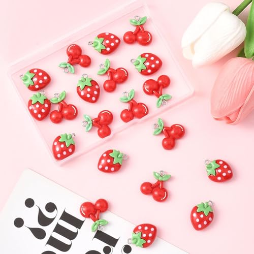 Breloques cerises et fraises 3D de précision en résine avec anneau fer - 8