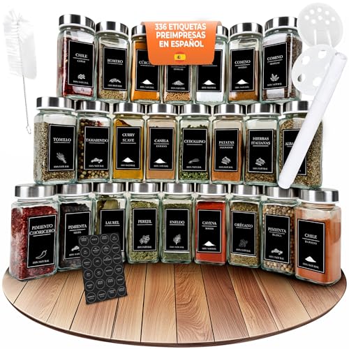 comforder – Botes Especias Cristal – Incluye 336 Etiquetas en Español y Molino – 24 Tarros de 120ml (Metal)