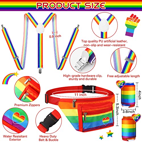 Sweetude Gay Pride Rainbow Fanny Pack Accessories Outfit Beverage Beer Belt Costume Set with Drink Holder Sunglasses Striped Sweatband Women Men