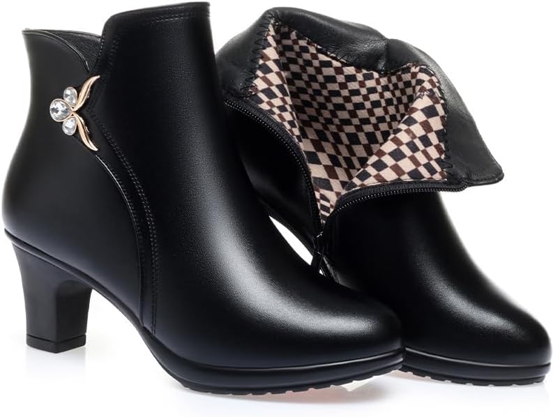 Women's Mid Block Heel Ankle Boots Fashion Rhinestones Buckle Decor Comfort Warm Fur Lined Chunky Heels Snow Boots with Side Zipper