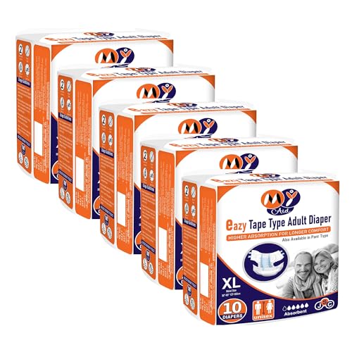 Image of Premium Unisex Eazy Tape Style Easy Adult Diapers With Wetness Indicator, Fast Absorption, Leakproof, Odour Lock & Anti-Bacterial| 50 Count (XL,Pack of 5)