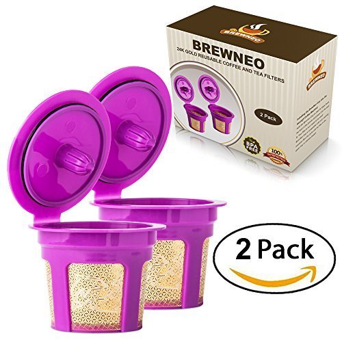Brewneo - 2 Reusable K Cup Coffee Filters for Keurig 2.0 - K200, K300, K400, K500 Series and 1.0 Brewers - 24k Gold Plated Mesh - Set of 2 Refillable K-Cups