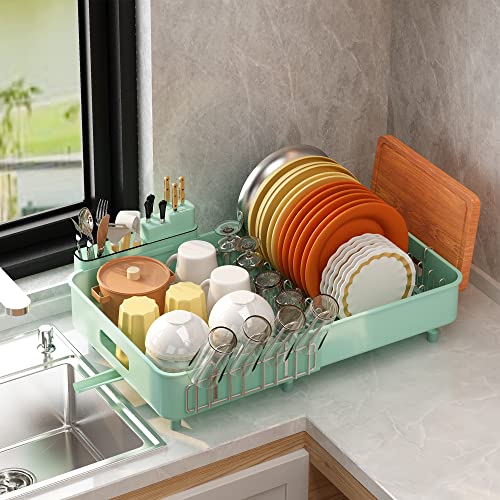 Adbiu Large Dish Drying Rack With Drainboard Set（12.8" - 20"） Expandable Compact Dish Drainer, 1 Piece Cyan #TOP6