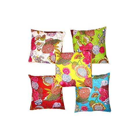 16X16 Indian Ethnic Bohemian Set of 5 Decorative Colorful Cotton Square for Sofa Set Home Decorative Fruit Design Boho Throw Pillow Case Kantha Cushion Cover Cover