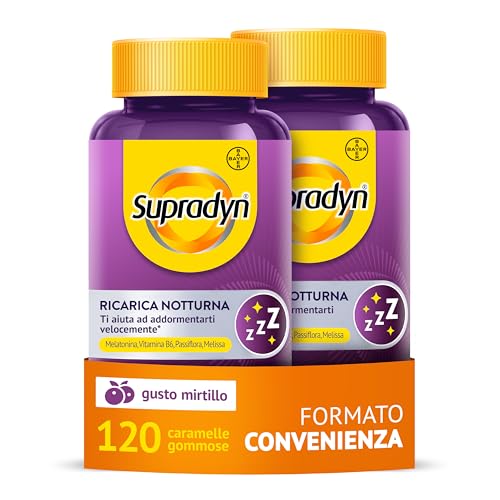 Supradyn Ricarica Notturna, Melatonina Per Dormire, con Vitamina B6, Passiflora e Melissa - Melatonina Forte 1mg Adulti - 120 caramelle gommose mirtillo