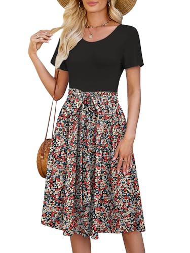 Image of Heymoments Women's Casual Short Sleeve Midi Dress Crewneck A Line Tiered Flowy Loose Travel Long Dresses with Pockets