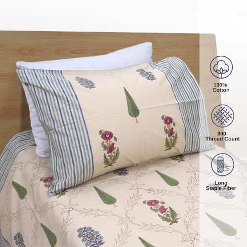 Image of TOAI Hand Block Printed Bedsheet | Bed Spread Flatsheet Bed Sheet | Pure Cotton | Single Size 60 inchx90 inch | 300 TC Long Staple Cotton | 1 Reversible Pillow Covers |Adil Jaal (Beige Multicolor)