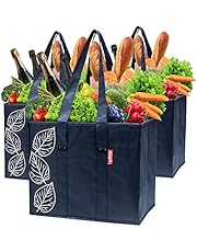 Planet E Reusable Foldable Grocery Shopping Bags with Reinforced Bottoms (Pack of 3, Navy)