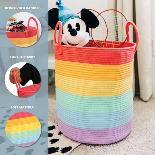 Image of OrganiHaus Rainbow Laundry Basket & Hamper, Nursery Playroom 52L | Rainbow - Rainbow Cotton Rope Hamper, Nursery 52L