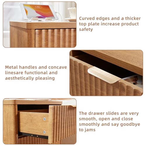 LEYAOYAO 23" Wide Fluted Farmhouse Night Stand Set of 2 with Charging Station, 3 Drawers Large End Table w/Metal Handle, Brown Nightstand Bedside Table,Wood Dresser for Bedroom, Closet
