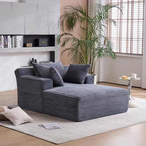 Image of Oversized Chaise Longue Chair Indoor, Upholstered Corduroy Deep Seat Sofa Bed with Throw Pillows and Armrests, Sleeper Sofa Couch for Living Room, Bedroom Apartment EL973