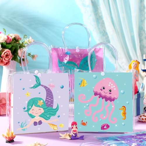 Image of Teenyyou 24 Pcs Mermaid Clear Gift Bags with Handles Under the Sea Party Favor Goodie Candy Treat Tote Gift Bags for Ocean Theme Birthday Party Supplies