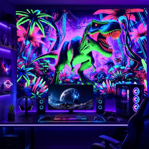 Image of BlissYard Blacklight Tapestry 78x59 Inch Neon Dinosaur Wall Hanging Glow in the Dark Jungle T Rex Poster UV Reactive Psychedelic Dinosaur Decor for Boys Bedroom Dorm Gamer Wall Art Decoration