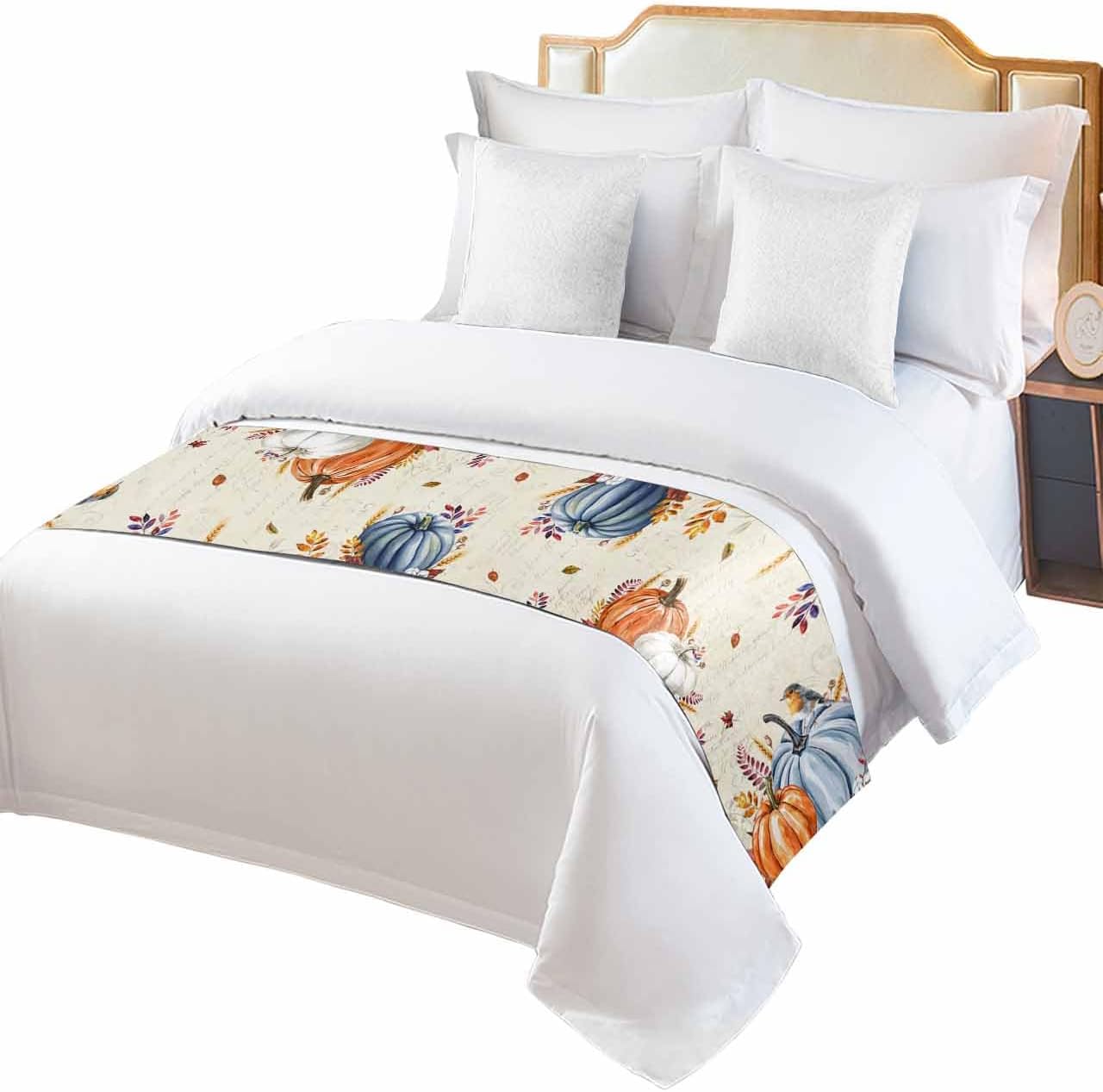DecorLovee Orange Blue Pumpkins Fall Bed Runners for Queen Size Bed, Decorative Bed Throws for Foot of Bed, Thanksgiving Maple Leaf Birds Bed Runner Sofa Throw Bedding Scarf Protector for Bedroom