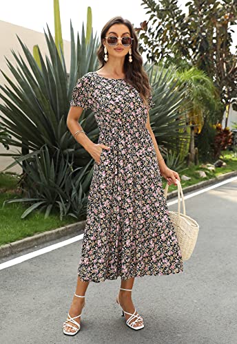 Image of NAVINS Womens Floral Print Modest Wedding Guest Midi Dress with Pockets | Puff sleeve tiered boho dress for summer, church, and vacations. Elastic waist, Below knee, hand or machine wash.
