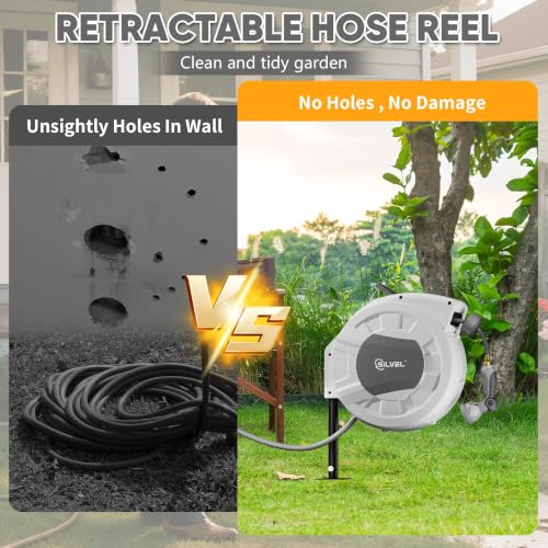 Image of SILVEL Automatic Retractable Garden Hose Reel on Metal Spike, 5 /8 in x 65ft Ground Mounted Outside, UV Resistant with 10 Pattern Nozzle, 360 Swivel, No Holes in Your House, Easy Installation