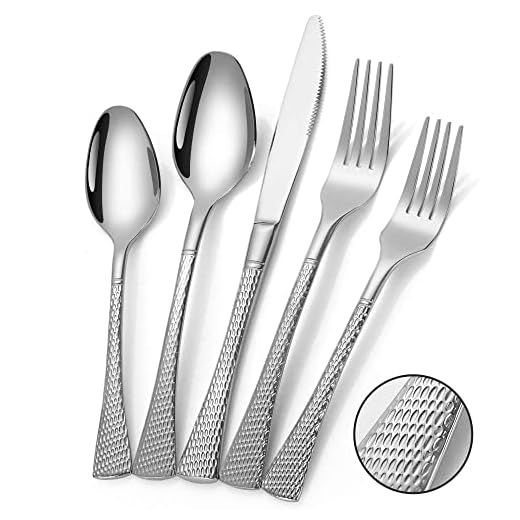 Lemeya Conjunto de talheres de prata martelada para 8, conjunto de talheres modernos de aço inoxidável com 40 peças, conjunto de talheres resistentes polidos espelhados, conjunto de utensílios de