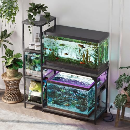 Image of VOWNER 20-29 Gallon Fish Tank Stand with Power Outlet, Wood Aquarium Stand with Shelves for Fish Tank Accessories Storage, Heavy Duty Metal Frame, Turtle Reptile Terrarium Stand, Load 500lb, Grey