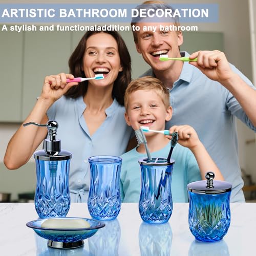 Bathroom Accessories Set,5 Pcs Blue Glass Bathroom Accessory Set,Complete Lotion Soap Dispenser,Toothbrush Holder,Soap Dish,Tumbler & Jar,Modern Bathroom Decor Sets,Gift for Home Apartment,Round - Image 3