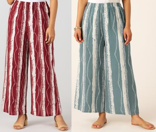 Image of PI World Printed Striped Western Mid Rise Palazzo /Trouser /Pant for Women /Girls Combo 2 (Waist 28 Inches to 36 Inches)